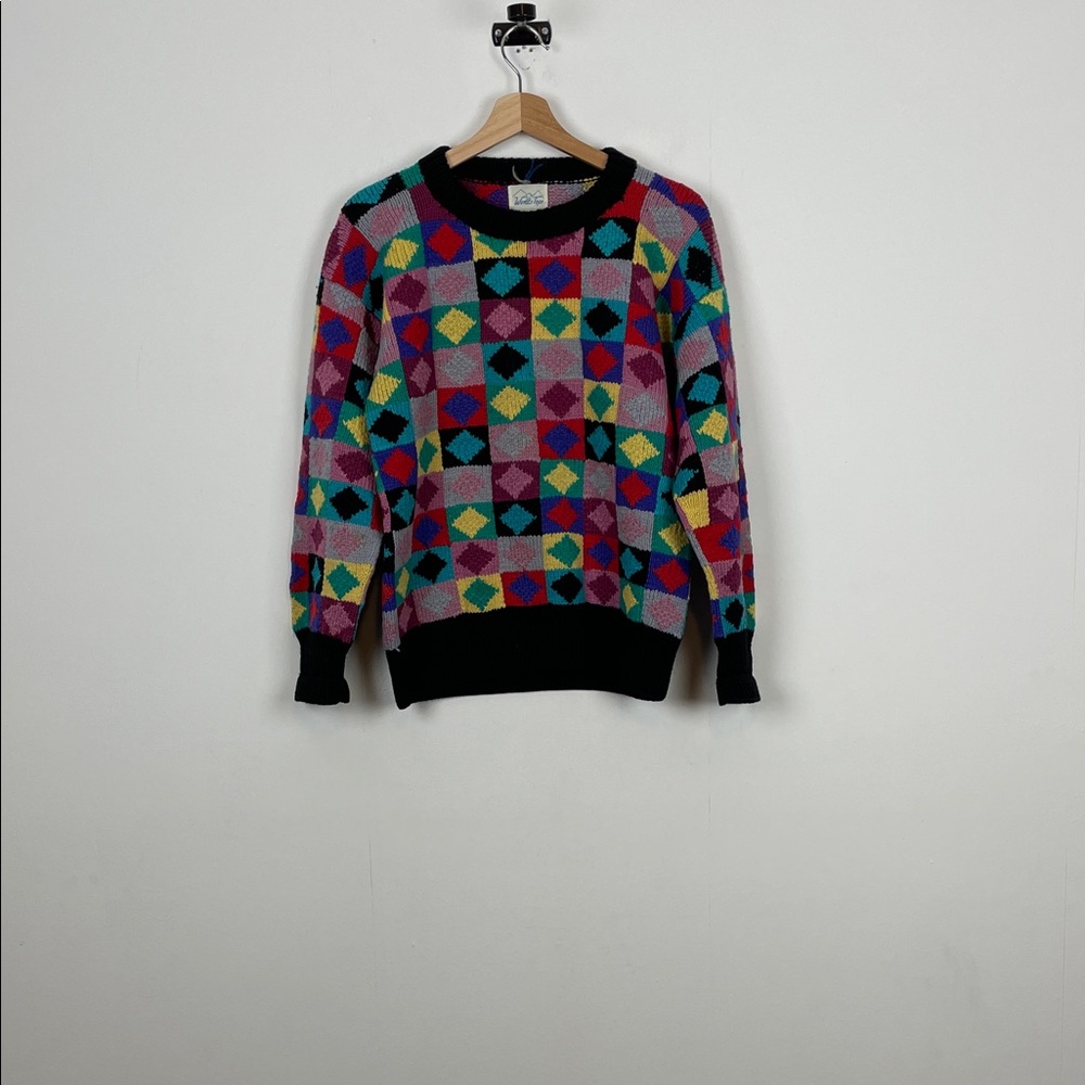 Vintage Handmade Sheep Wool Colorful Geometric Pattern Long Sleeve Thick Sweater